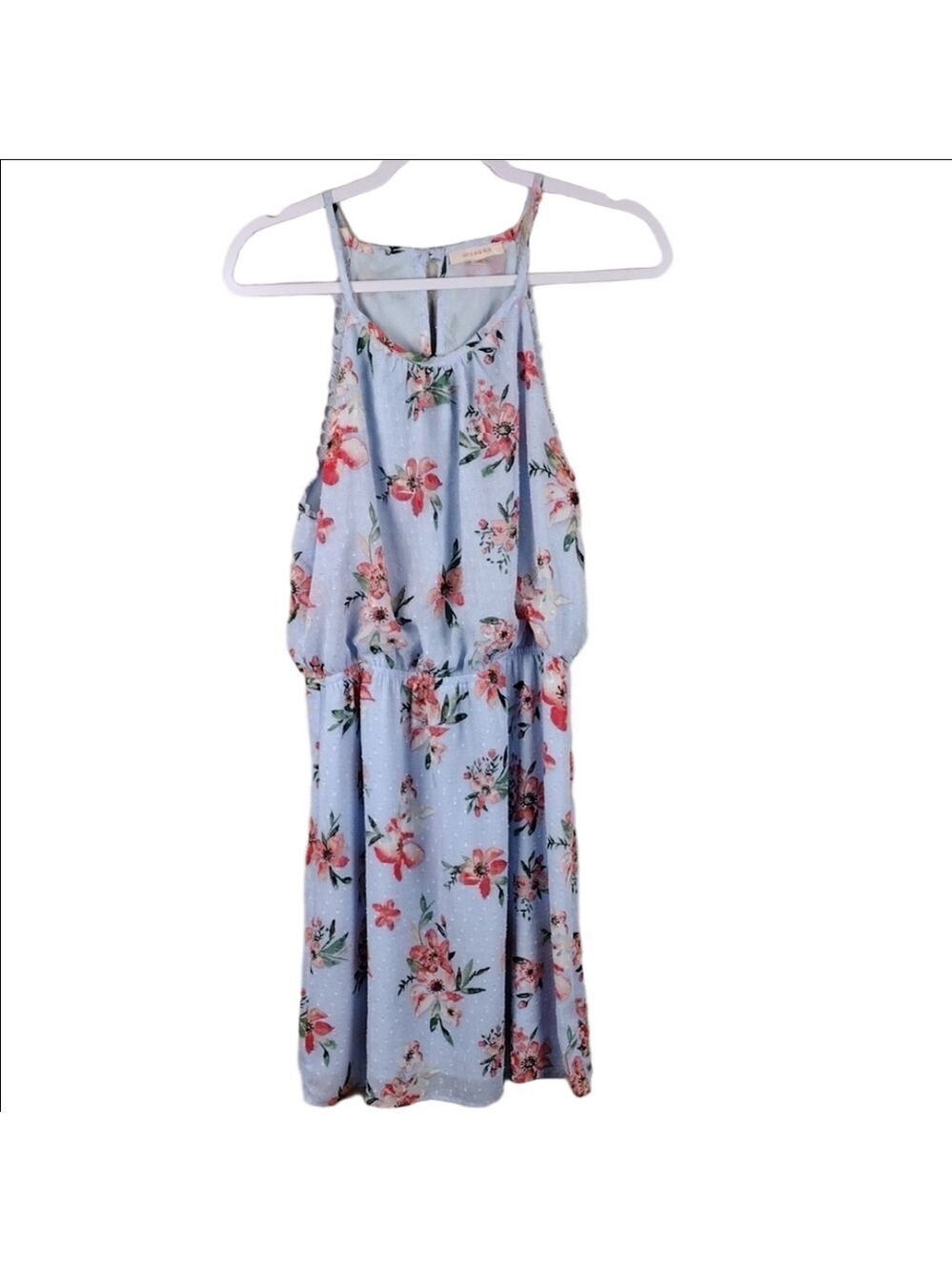 Skies Are Blue Anthropology Blue Floral Textured Sleeveless Keyhole Halter Dress